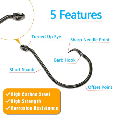 Detailed diagram of Saltwater Circle Hooks Set 160 Pieces With 6 Sizes High Carbon Steel Catfish And Octopus Fishing Hooks features.