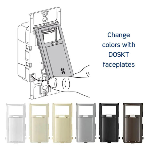 Plug and Play Humidity Sensor Switch For Bathroom Exhaust Fans with interchangeable DOSKT faceplates in various colors.