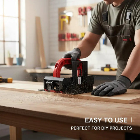Person using Adjustable Push Block For Table Saw And Router Table With Safe And Stable Grip on wooden board in workshop.