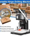 Amazon portable hinge drilling machine with 1100W motor, metal frame, and drill guide.