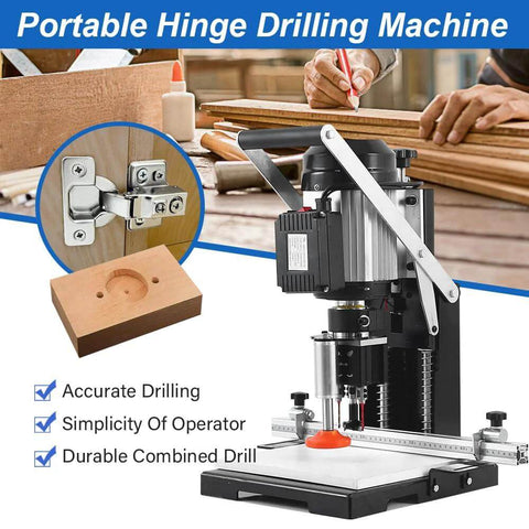 Amazon portable hinge drilling machine with 1100W motor, metal frame, and drill guide.