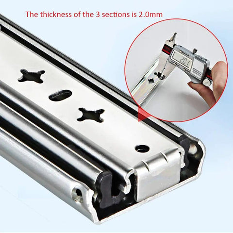 Beefy Ball Bearing Drawer Slides Heavy Duty Full Extension Side Mount Telescopic Runners Track 3 Section 44In Pair 120Kg Load Capacity Soft Close Optional Rails showing section thickness measurement
