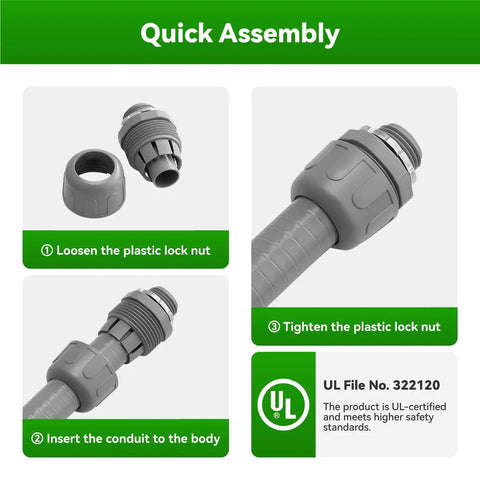 Quick assembly guide for 25 Ft Liquid Tight Conduit And Connector Kit With One Half Inch Flexible Non Metallic Electrical Conduit