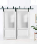 Double Sliding Bypass Doors With Frosted Opaque Glass In White Silk Finish, Heavy Duty Steel Rail Kit, 84 By 96 Inches, 2 Panels Each 42x96