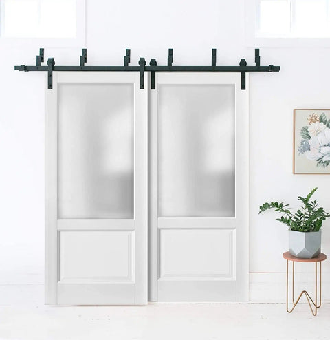 Double Sliding Bypass Doors With Frosted Opaque Glass In White Silk Finish, Heavy Duty Steel Rail Kit, 84 By 96 Inches, 2 Panels Each 42x96