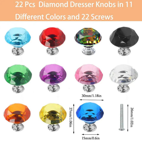 Twenty Two Pack Colorful Crystal Drawer Knobs 30mm Glass Dresser Knobs Cabinet Diamond Shape Pulls For Wardrobe Kitchen Bathroom Cupboard In 11 Colors, 22 assorted crystal knobs