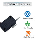 Image of a single LF-10-02 micro limit switch highlighting product features like long-lasting, eco-friendly, and multi-purpose.