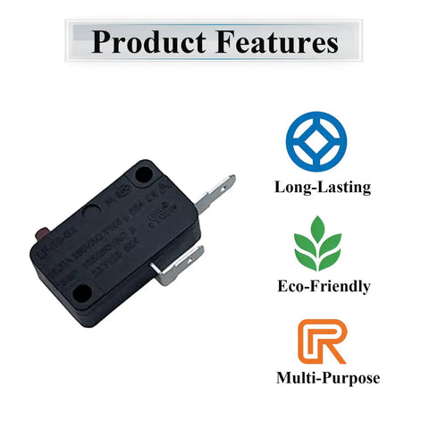 Image of a single LF-10-02 micro limit switch highlighting product features like long-lasting, eco-friendly, and multi-purpose.