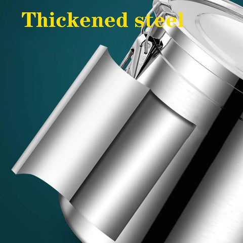 Close-up of thickened steel on Heavy Duty 304 Stainless Steel Airtight Food Storage Canister With Snap Tight Buckle Closure.