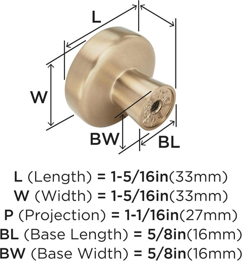 Diagram of Champagne Bronze Cabinet Knob for Drawers and Cabinets, 1-5/16 Inch Diameter (33mm) showing detailed measurements.