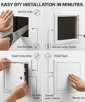 Installation guide for Heavy Duty Aluminum Access Panel For Drywall And Ceiling, White 12x18 Inch with step-by-step visuals.