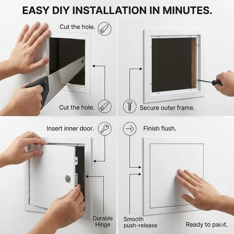 Installation guide for Heavy Duty Aluminum Access Panel For Drywall And Ceiling, White 12x18 Inch with step-by-step visuals.