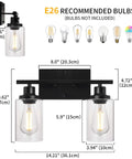 Diagram of Two Light Black Vanity Lights For Bathroom Over Mirror With Clear Glass Shades showing measurements and E26 bulbs.