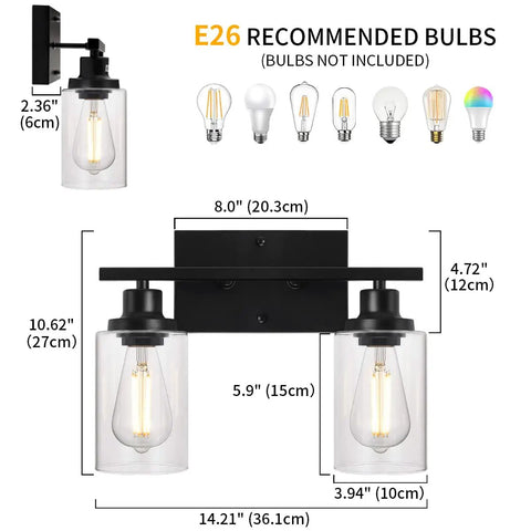 Diagram of Two Light Black Vanity Lights For Bathroom Over Mirror With Clear Glass Shades showing measurements and E26 bulbs.
