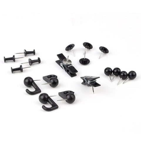 Top Tier Black Push Pin Set With Five Fresh Thumb Tacks And Sharp Steel Point Map Pins For Heavy Duty Cork Board Organization Rock Solid 140 Piece Desk Kit consists of various black push pins.