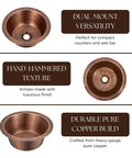 Hand Hammered Pure Copper Bar And Kitchen Sink, 12 Inch Essex Dual Mount Drop-In Or Undermount, showcasing texture and durability.