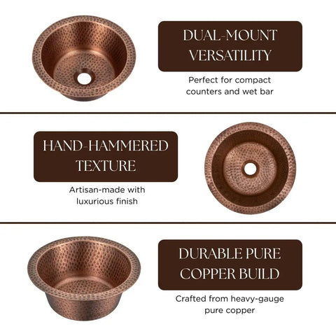 Hand Hammered Pure Copper Bar And Kitchen Sink, 12 Inch Essex Dual Mount Drop-In Or Undermount, showcasing texture and durability.