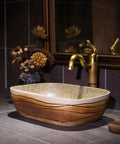 Slick Vintage Rectangular Vessel Sink For Above Counter Vanities, 16 Inch Porcelain Ceramic Wash Basin With Tough High Gloss Glaze, Hassle Free Cleanup Bathroom Art Basin Brings The Heat, featuring natural wood grain design.