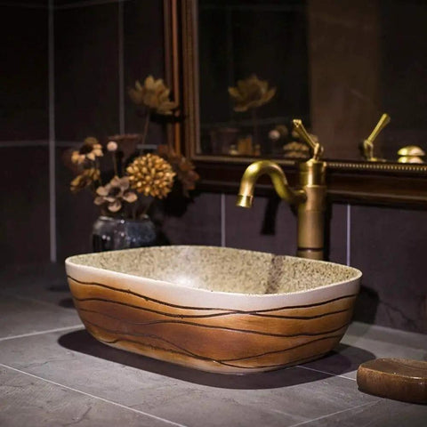 Slick Vintage Rectangular Vessel Sink For Above Counter Vanities, 16 Inch Porcelain Ceramic Wash Basin With Tough High Gloss Glaze, Hassle Free Cleanup Bathroom Art Basin Brings The Heat, featuring natural wood grain design.