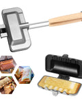Stove Top 4 In 1 Sandwich Maker And Panini Grill with open and closed view, wooden handles, showing nonstick flip grill use.