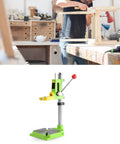 Ycauty Adjustable Mini Bench Drill Press Stand With 360 Degree Rotation Electric Rack Holder For Home Use Steel And Plastic Projects Height Flexible Clamp Tool Accessory Solid Build, green and yellow stand