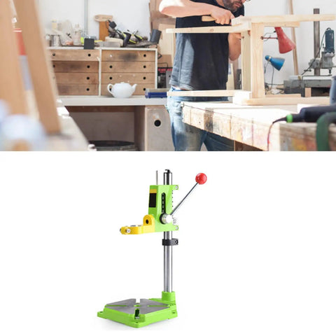 Ycauty Adjustable Mini Bench Drill Press Stand With 360 Degree Rotation Electric Rack Holder For Home Use Steel And Plastic Projects Height Flexible Clamp Tool Accessory Solid Build, green and yellow stand