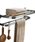 Stainless Steel 304 Towel Rack For Bathroom Foldable Wall Mount Shelf With Towel Bar And Five Hooks Double Towel Bars Brushed Nickel 22 Inch Rustproof Hotel Style Multi Function Organizer