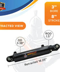 Beefed Up Heavy Duty 3 Inch Bore 8 Inch Stroke Hydraulic Cylinder With Welded Threaded Clevis End, 3000 PSI Rating, Dual Acting, SAE 8 Ports, 1.5 Inch Rod, 18.25 Inch Retracted, 26.25 Inch Extended, Pin Holes 1 Inch, retracted view