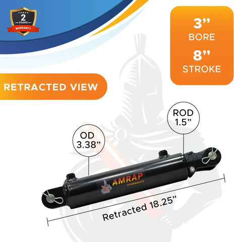 Beefed Up Heavy Duty 3 Inch Bore 8 Inch Stroke Hydraulic Cylinder With Welded Threaded Clevis End, 3000 PSI Rating, Dual Acting, SAE 8 Ports, 1.5 Inch Rod, 18.25 Inch Retracted, 26.25 Inch Extended, Pin Holes 1 Inch, retracted view