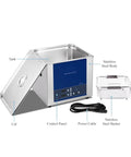 15 Liters Power Set Degassing Ultrasonic Cleaner For Lab Glassware Dental Tools Metal Auto Parts Machine with lid, control panel, and stainless steel basket.