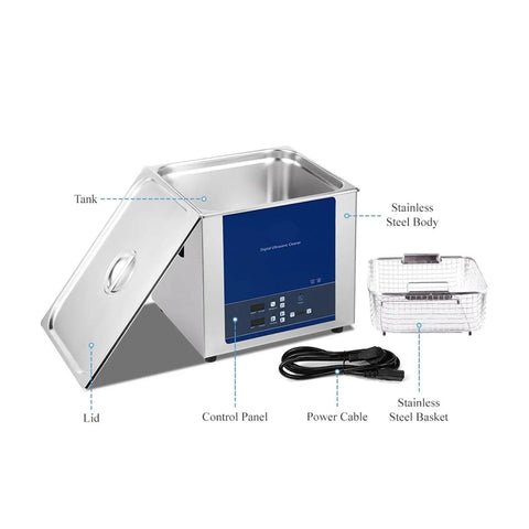 15 Liters Power Set Degassing Ultrasonic Cleaner For Lab Glassware Dental Tools Metal Auto Parts Machine with lid, control panel, and stainless steel basket.