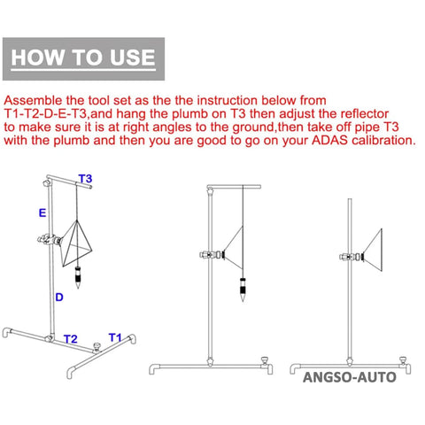 7.8 Inch Radar Corner Reflector Kit With 0-30cm Scale Stand For Pro Grade Vehicle Calibration And Driver Assist Setup, Built For Cars SUVs Trucks And Hybrids, setup diagram with plumb bob