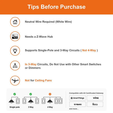 Tips before purchase for Z-Wave Plus 3-Way Smart Dimmer Switch With Built-In Repeater Dims From Switch Or App Works With SmartThings Wink Alexa Fits Regular 3-Way Circuits Hub Required Easy Setup For Your Smart Home