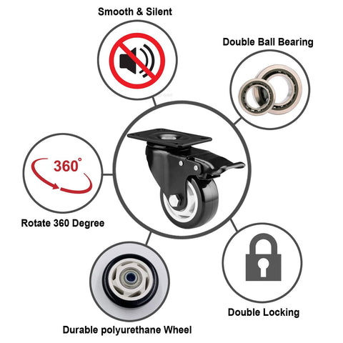 Diagram of 3 Inch Heavy Duty Caster Wheels Set Of 4 With Locking Industrial Swivel Casters, 360 Degree No Noise Polyurethane Wheels, features labeled.
