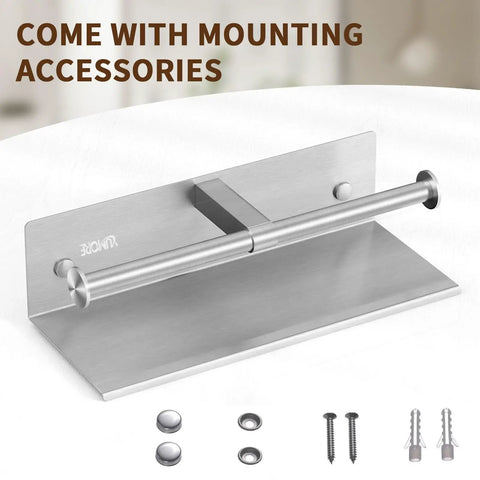Heavy Duty Wall Mounted Double Toilet Paper Holder With Shelf In Brushed Nickel Stainless Steel Dual Roll Dispenser shown with mounting accessories.