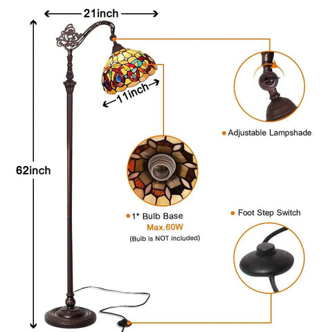 Stained Glass Tiffany Style Floor Lamp Standing 62 Inches Tall With Inlaid Crystal Accents Soft Warm Light Arched Adjustable Reading Lamp