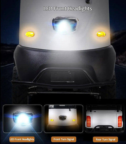 LED front headlights and turn signals of Electric Golf Cart 4 Wheel Mobility Scooter With Cargo Box.