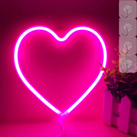 Pink Neon Heart LED Light For Bedroom Or Living Room USB Or Battery Operated Mood Lamp With Four Hooks Wall Display