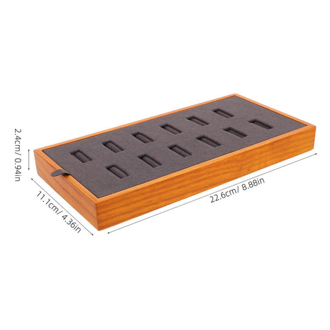 Slick Gray Solid Wood Jewelry Display Tray Featuring 12 Ring Slots Top Shelf Storage Organizer Box with gray padding.