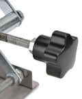 Close-up of adjustable knob on Adjustable Stainless Steel Lab Lift Table With Smooth Flat Surface For Welding Positioner Shop Rig Heavy Duty Support Stand Built Like A Tank And Rust Resistant.