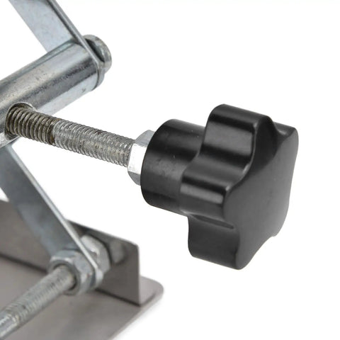 Close-up of adjustable knob on Adjustable Stainless Steel Lab Lift Table With Smooth Flat Surface For Welding Positioner Shop Rig Heavy Duty Support Stand Built Like A Tank And Rust Resistant.