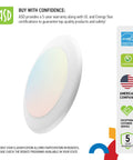 LED Disk Lights 6 Inch Low Profile Dimmable Flush Mount Ceiling Fixture 2700K To 5000K Adjustable Color Temperature 15W 1245 Lumens UL Energy Star 6 Pack For Kitchen Bedroom Bathroom lit in soft gradient with warranty details on side.