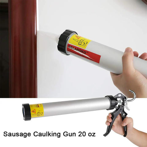 Person using 18:1 Manual Sausage Caulking Gun, 20 Oz Capacity, 600ml Bulk Tube, Aluminum Barrel With Rotating Cone Nozzles, 2 Pack