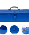 Blue Iron Toolbox With Heavy Duty Lock And Steel Reinforced Corners Comfortable Grip Bar For Hardware Bits Sorting, front view.