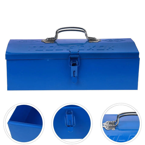 Blue Iron Toolbox With Heavy Duty Lock And Steel Reinforced Corners Comfortable Grip Bar For Hardware Bits Sorting, front view.