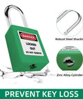 Go-To Lockout Tagout Kit 10 Piece Green Safety Padlock Set With Keyed Different Locks And Two Keys Each OSHA Compliant Electrical Lockout Gear for safe and secure equipment lockout with robust steel shackle and zinc alloy cylinder