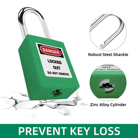 Go-To Lockout Tagout Kit 10 Piece Green Safety Padlock Set With Keyed Different Locks And Two Keys Each OSHA Compliant Electrical Lockout Gear for safe and secure equipment lockout with robust steel shackle and zinc alloy cylinder