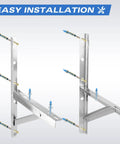 Beefy Stainless Steel Mounting Bracket For 9000 To 36000 BTU Condenser Ductless Mini Split Heat Pump Systems Heavy Duty Support Up To 500 Lbs Rust Proof Universal Adjustable Fit shown with mounting bolts for easy installation.