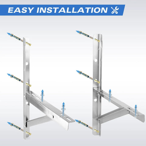 Beefy Stainless Steel Mounting Bracket For 9000 To 36000 BTU Condenser Ductless Mini Split Heat Pump Systems Heavy Duty Support Up To 500 Lbs Rust Proof Universal Adjustable Fit shown with mounting bolts for easy installation.