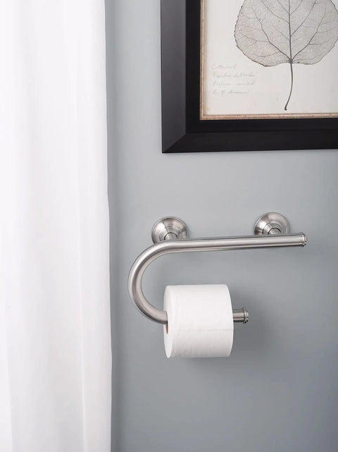Wall Mounted Bathroom Grab Bar With Integrated Toilet Paper Holder providing rock solid grip in brushed nickel, showcasing toilet paper roll.